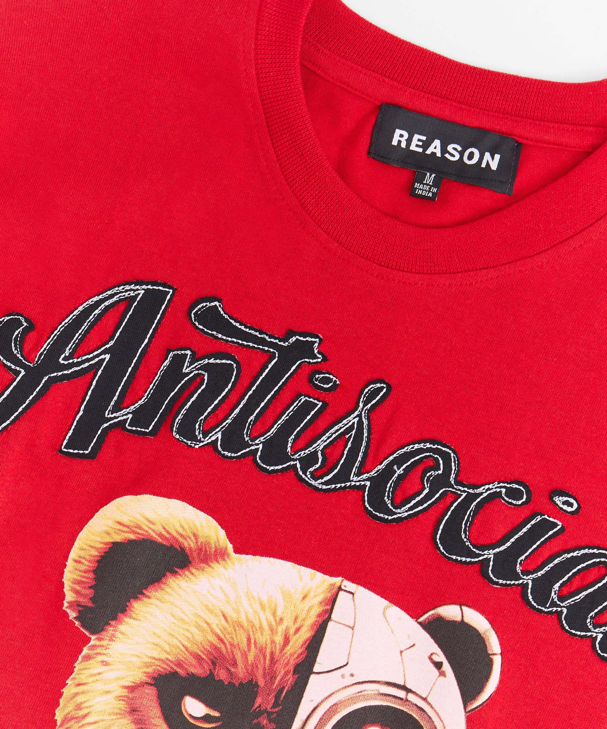 Antisocial Bear Chenille Patched Short Sleeve Tee - Red - Image 2