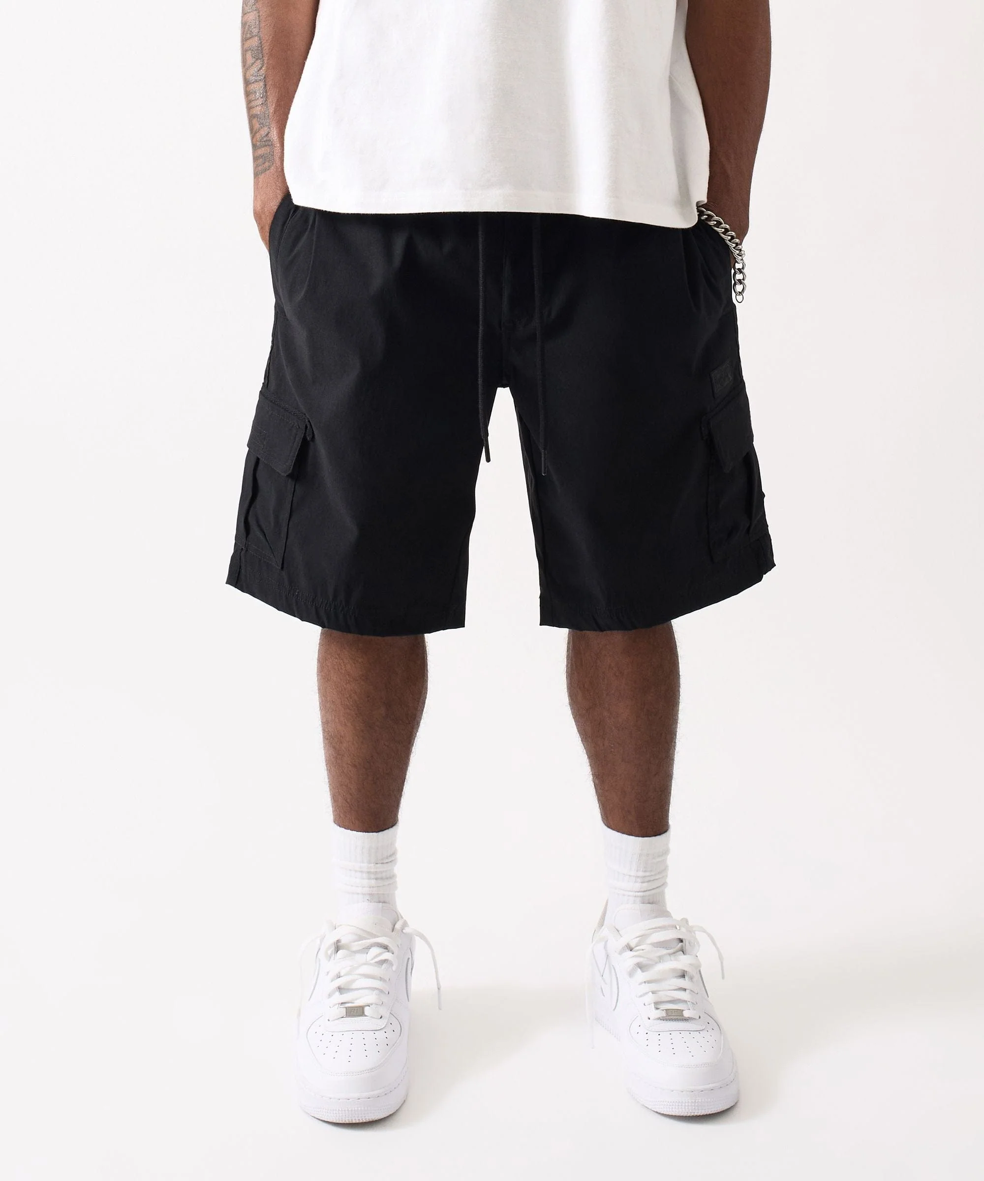 Cargo Pocket Stretch Nylon Shorts - Black - Image 2