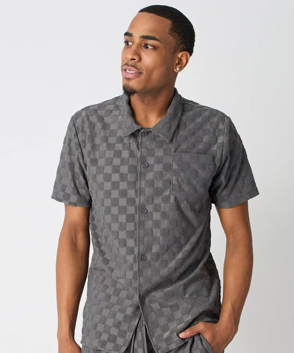 Checkerboard Towel Color Blocked Short Sleeve Button Down Shirt - Grey - Image 2