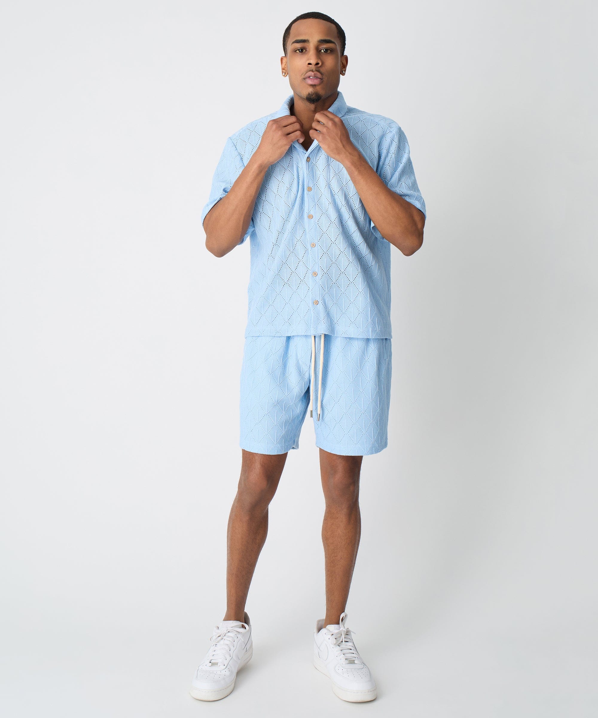 Diamond Plate Towel Color Blocked Short Sleeve Button Down Shirt - Light Blue - Image 3