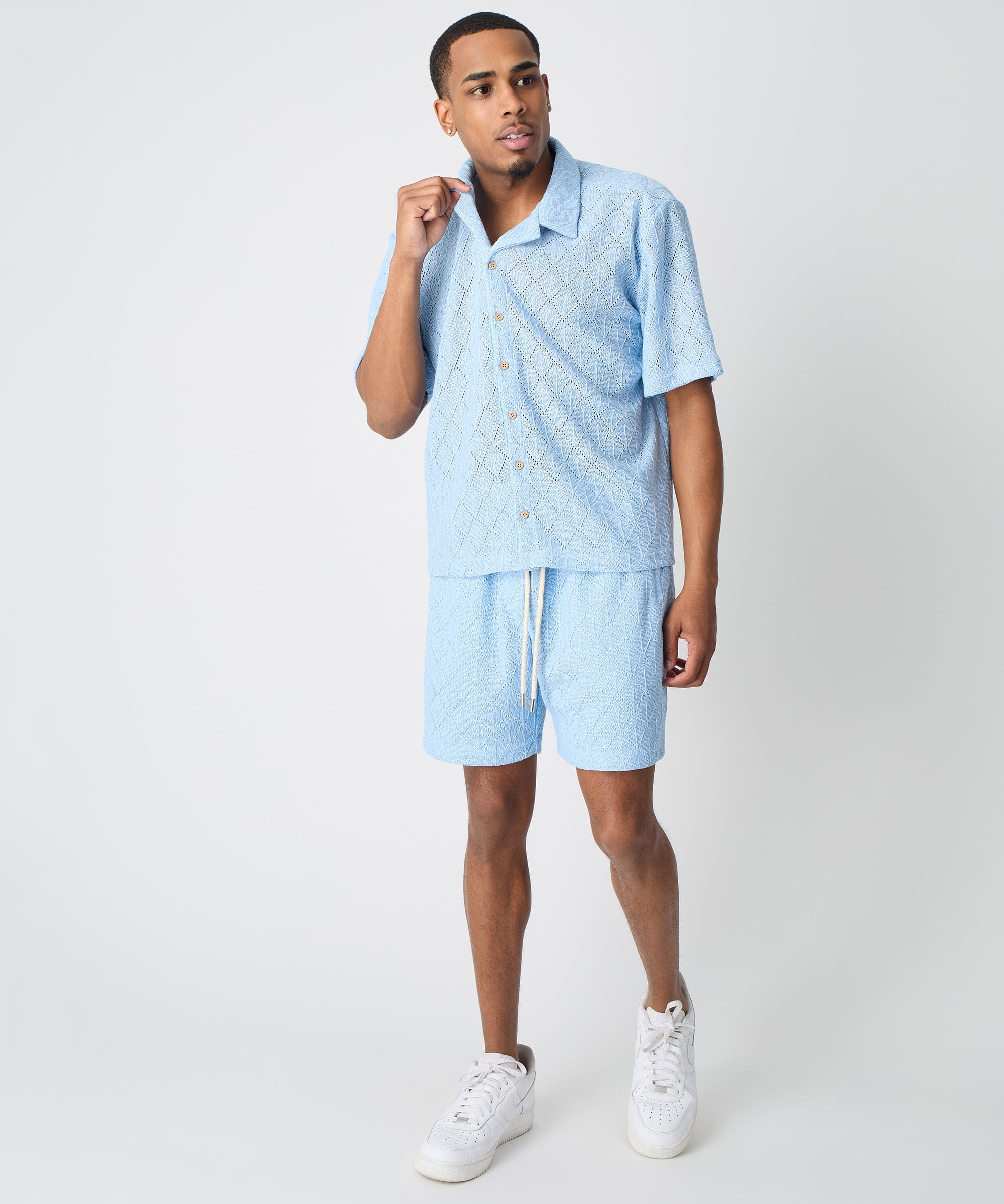 Diamond Plate Towel Color Blocked Short Sleeve Button Down Shirt - Light Blue - Image 7
