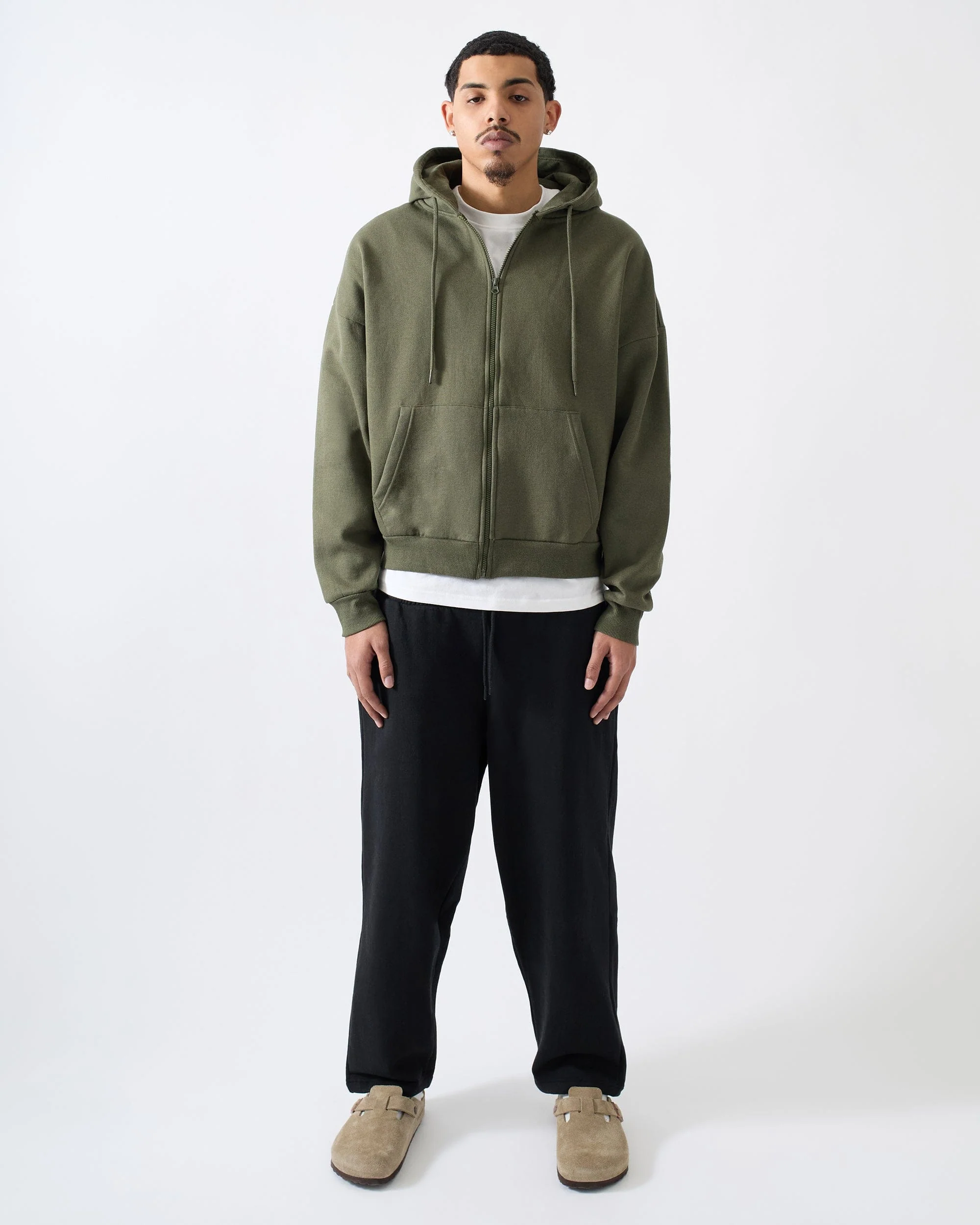 Essential Heavyweight Fleece Oversized Fit Comfy Zip Up Hoodie - Olive Green - Image 2