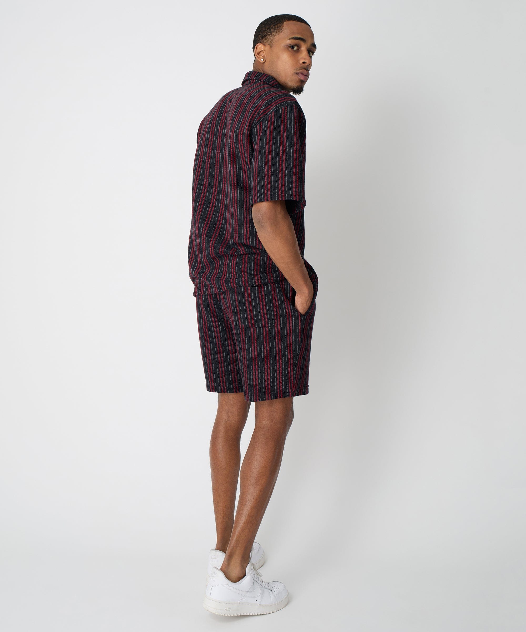 Jacquard Knit Short Sleeve Striped Button Down Shirt - Black - Image 4