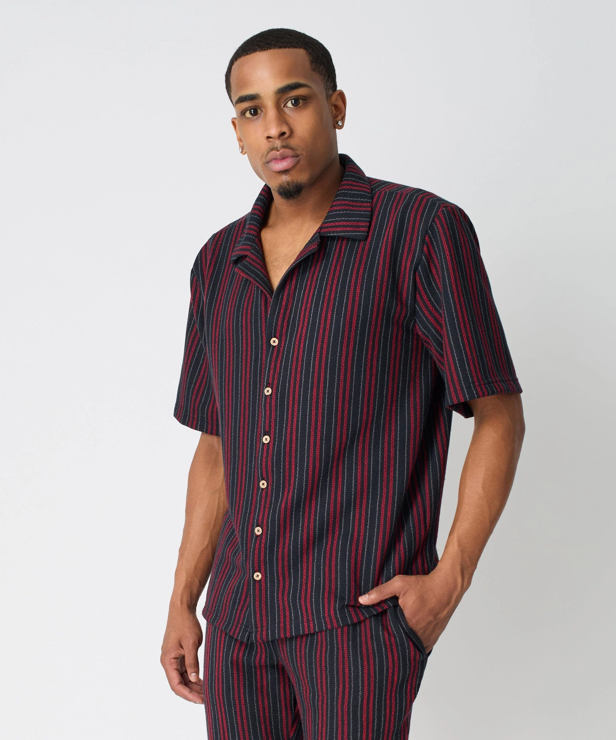 Jacquard Knit Short Sleeve Striped Button Down Shirt - Black - Image 8