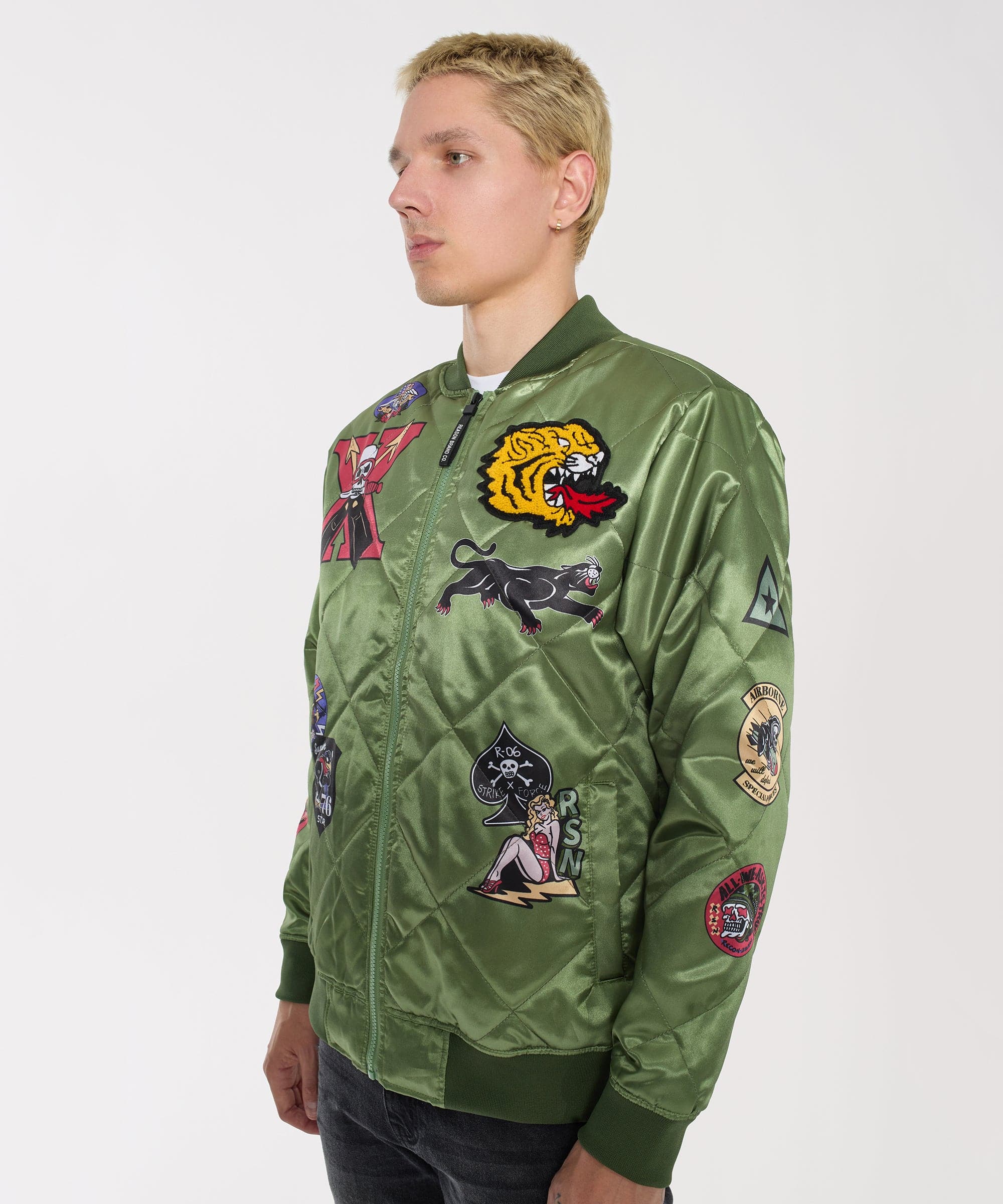 Military Satin Bomber Jacket - Olive Green - Image 9