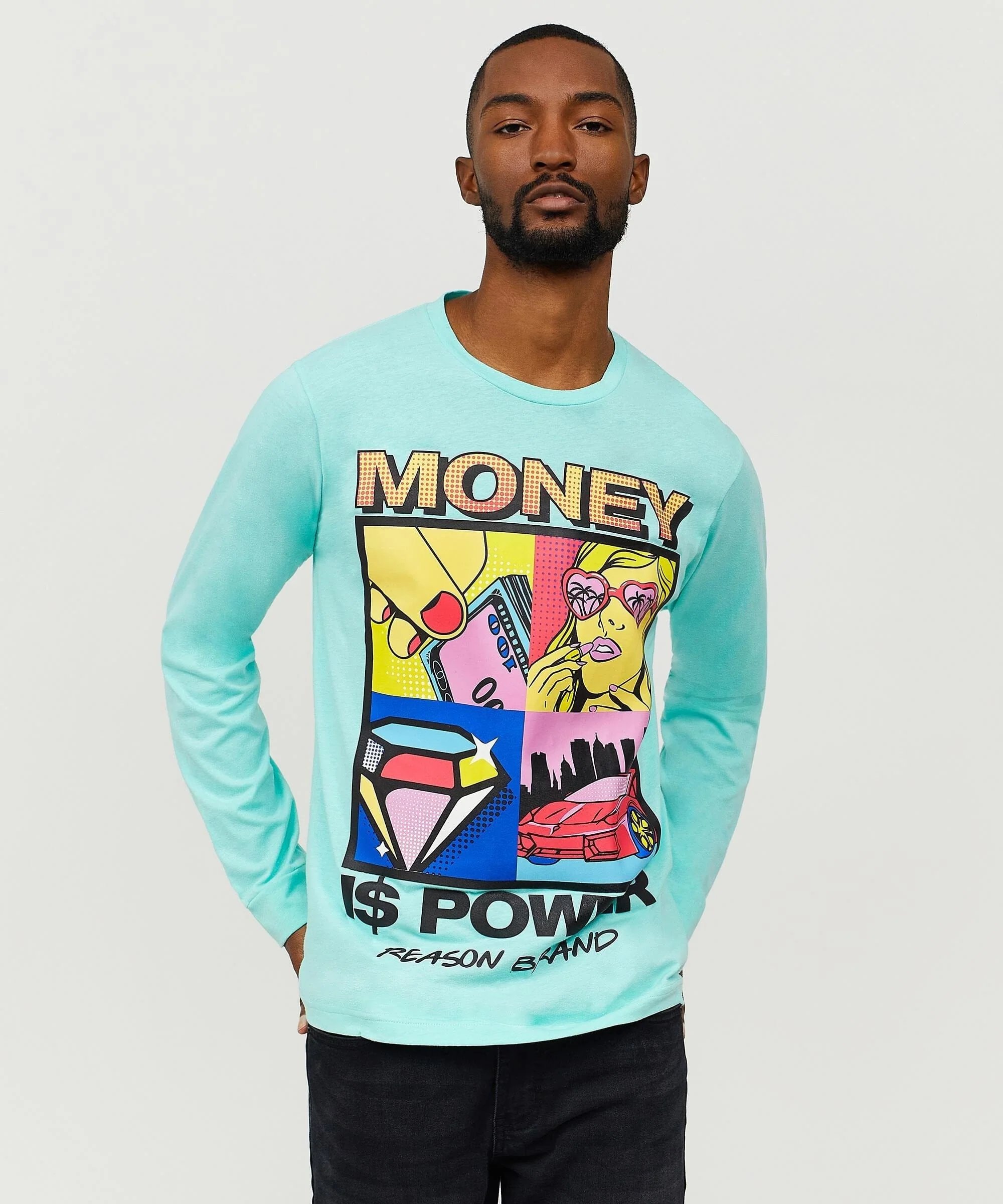 Money Is Power Long Sleeve Tee - Teal - Image 2