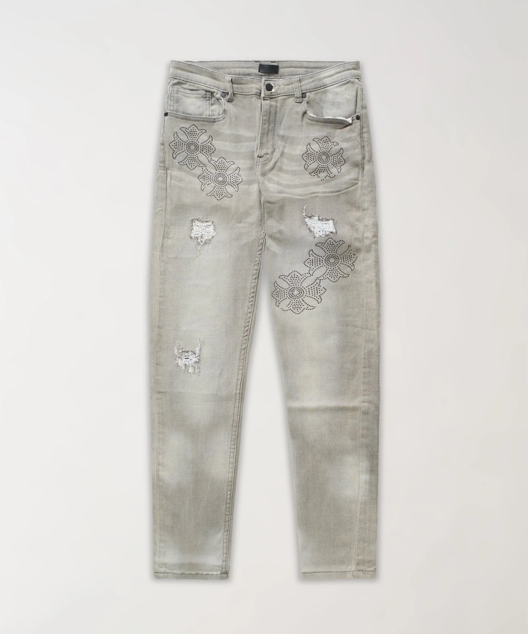 Rhinestone Cross Washed Denim Jeans - Grey