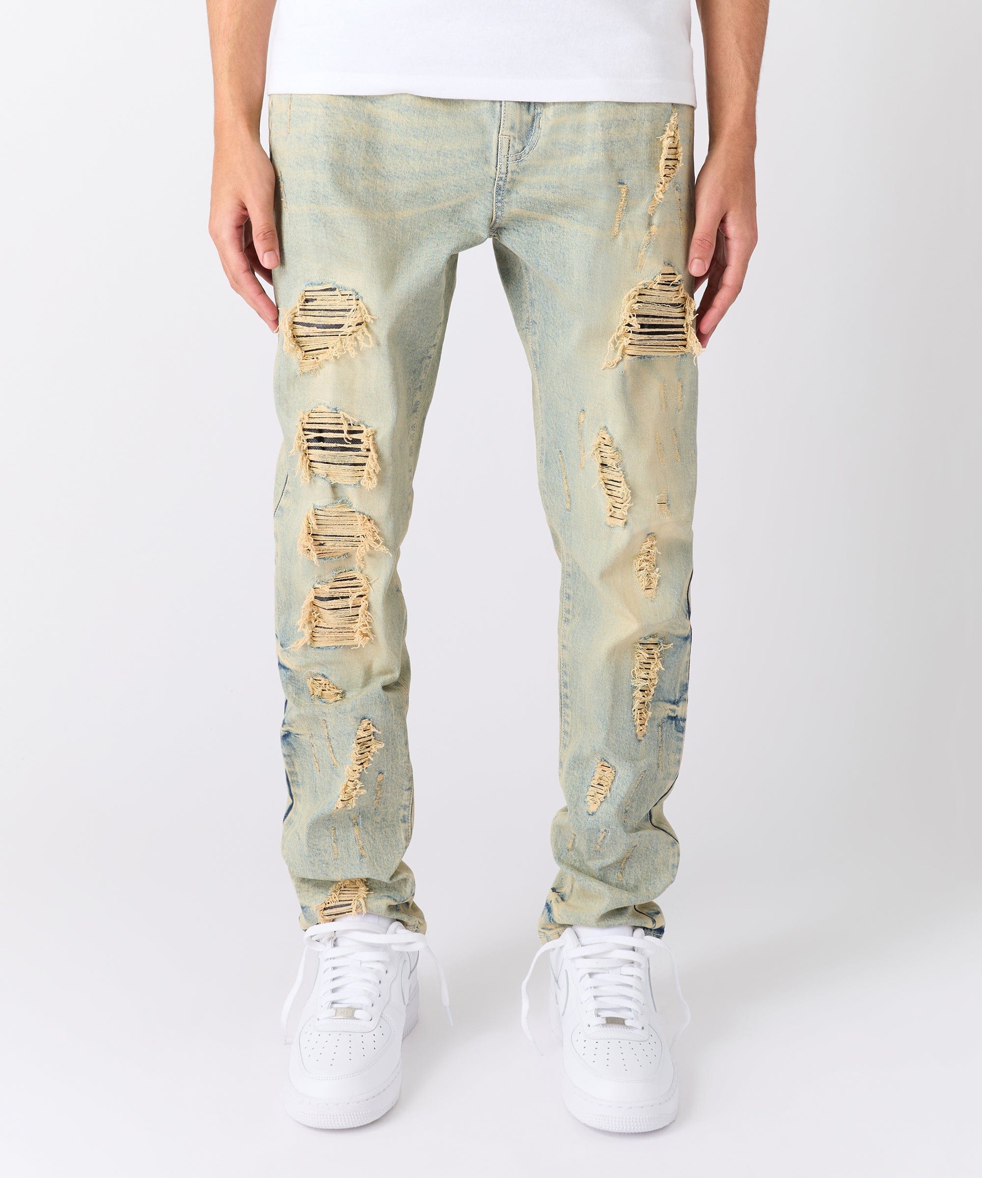 Rip And Repair Washed Denim Jeans - Light Blue
