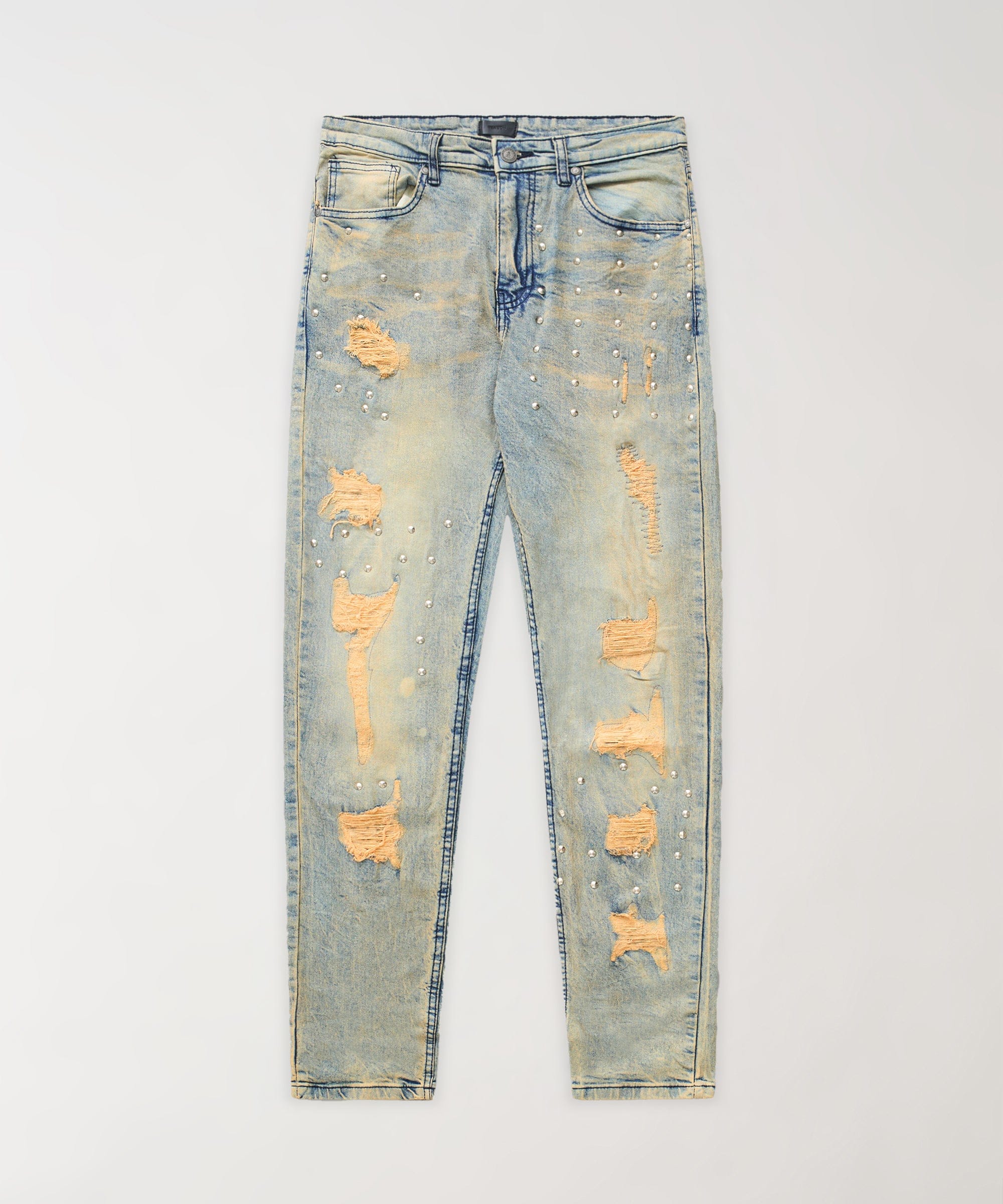 Studded Distress Denim Jeans - Blue - Image 2