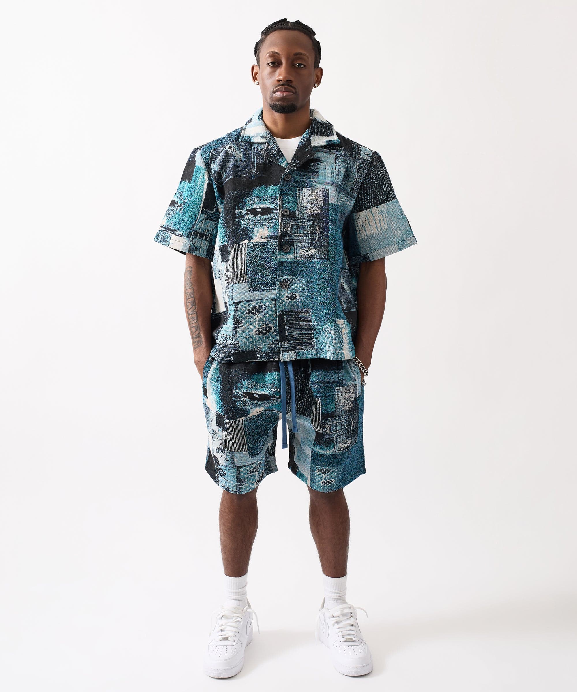 Tapestry Patchwork Textured Button Down Shirt - Blue - Image 2