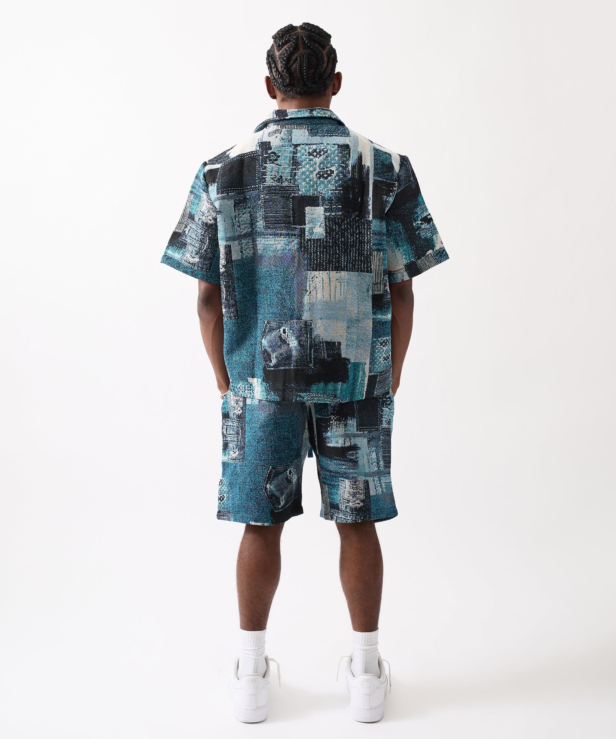 Tapestry Patchwork Textured Button Down Shirt - Blue - Image 5