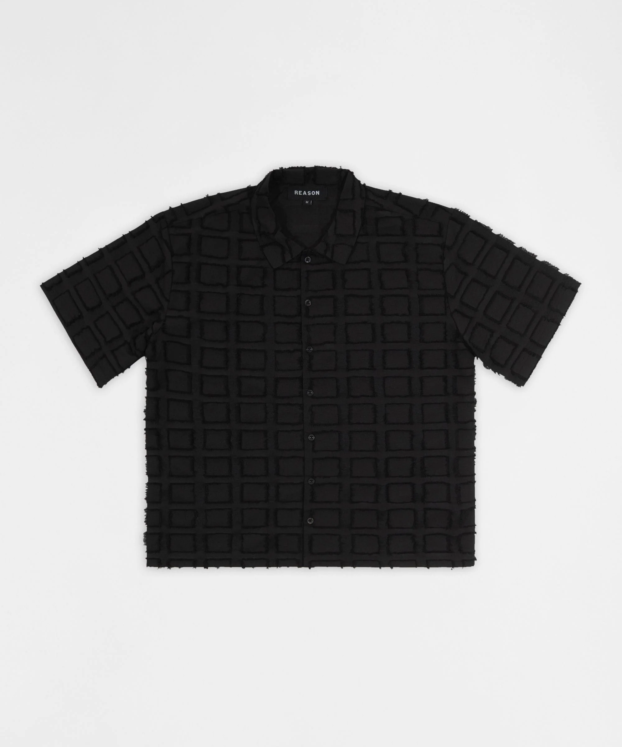 Textured Grid Pattern Button Down Shirt - Black