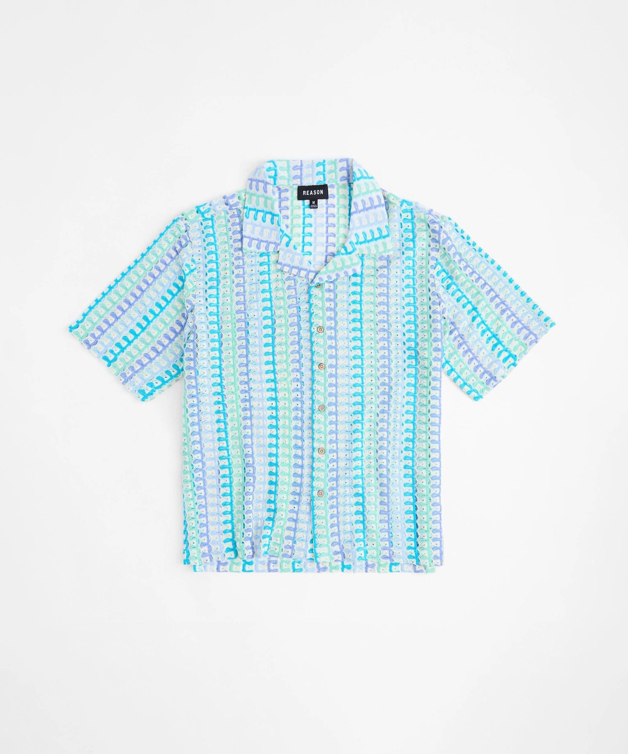 Textured Knit Short Sleeve Button Down Shirt - Light Blue