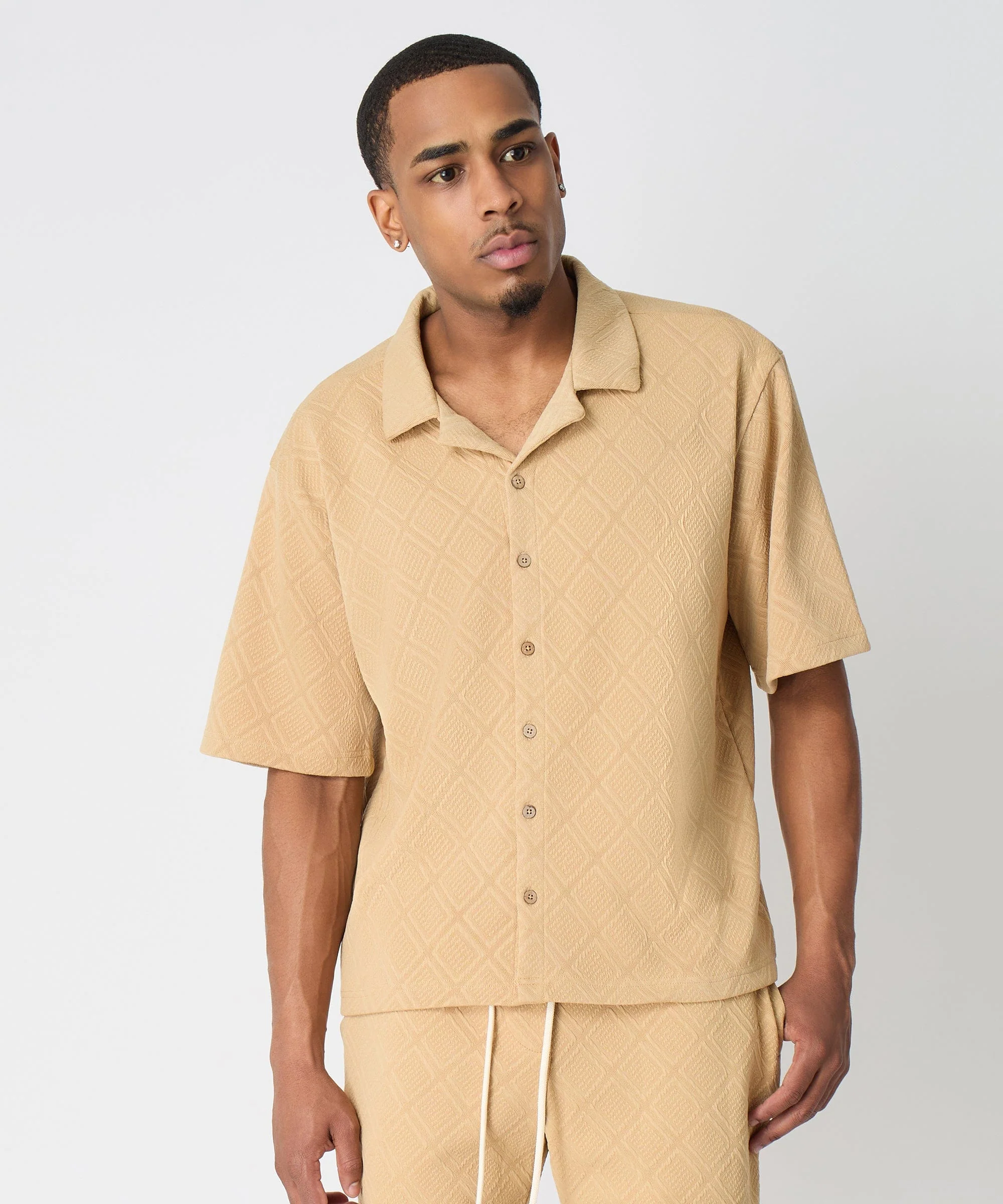 Textured Knit Short Sleeve Button Down Shirt - Taupe - Image 7