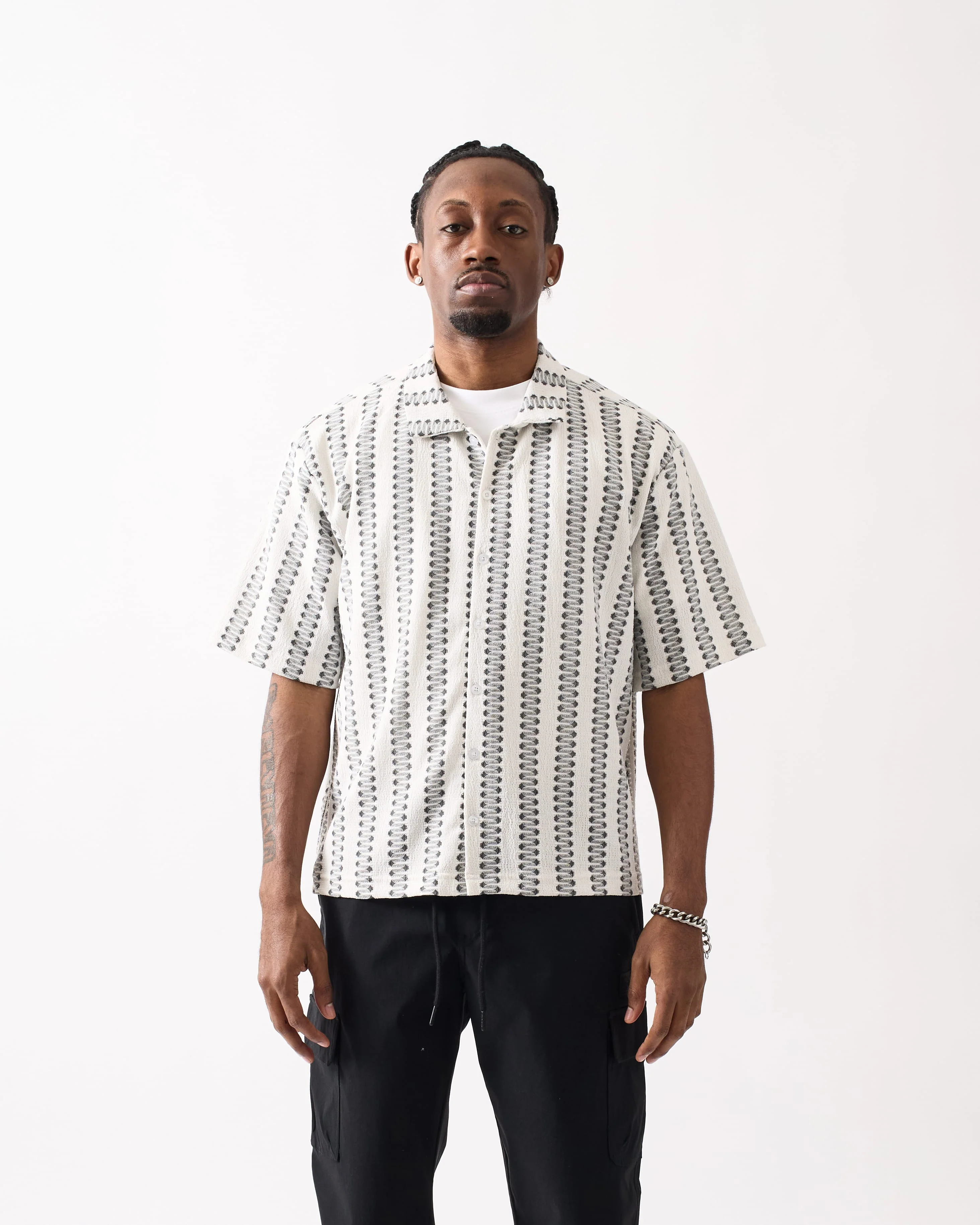 Textured Streamlined Button Down Shirt - Grey White - Image 3