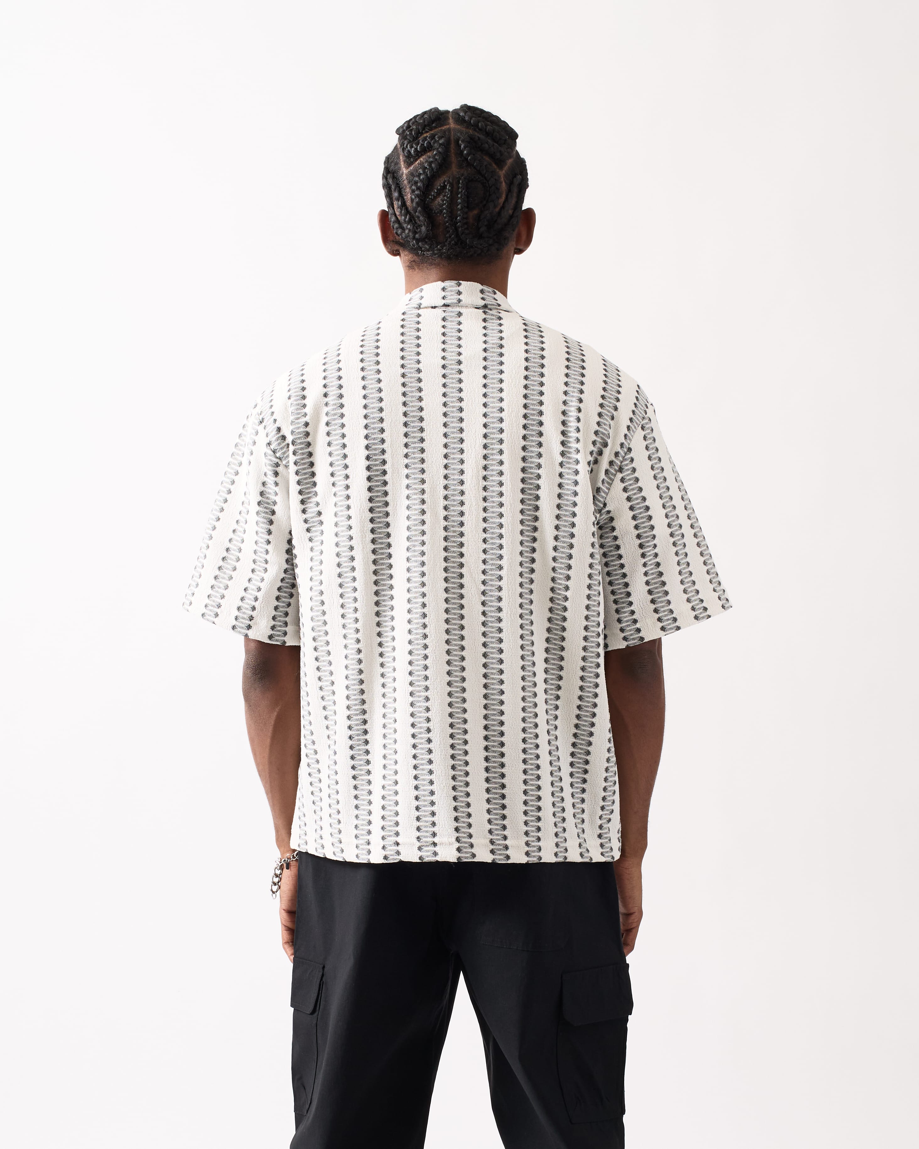 Textured Streamlined Button Down Shirt - Grey White - Image 4
