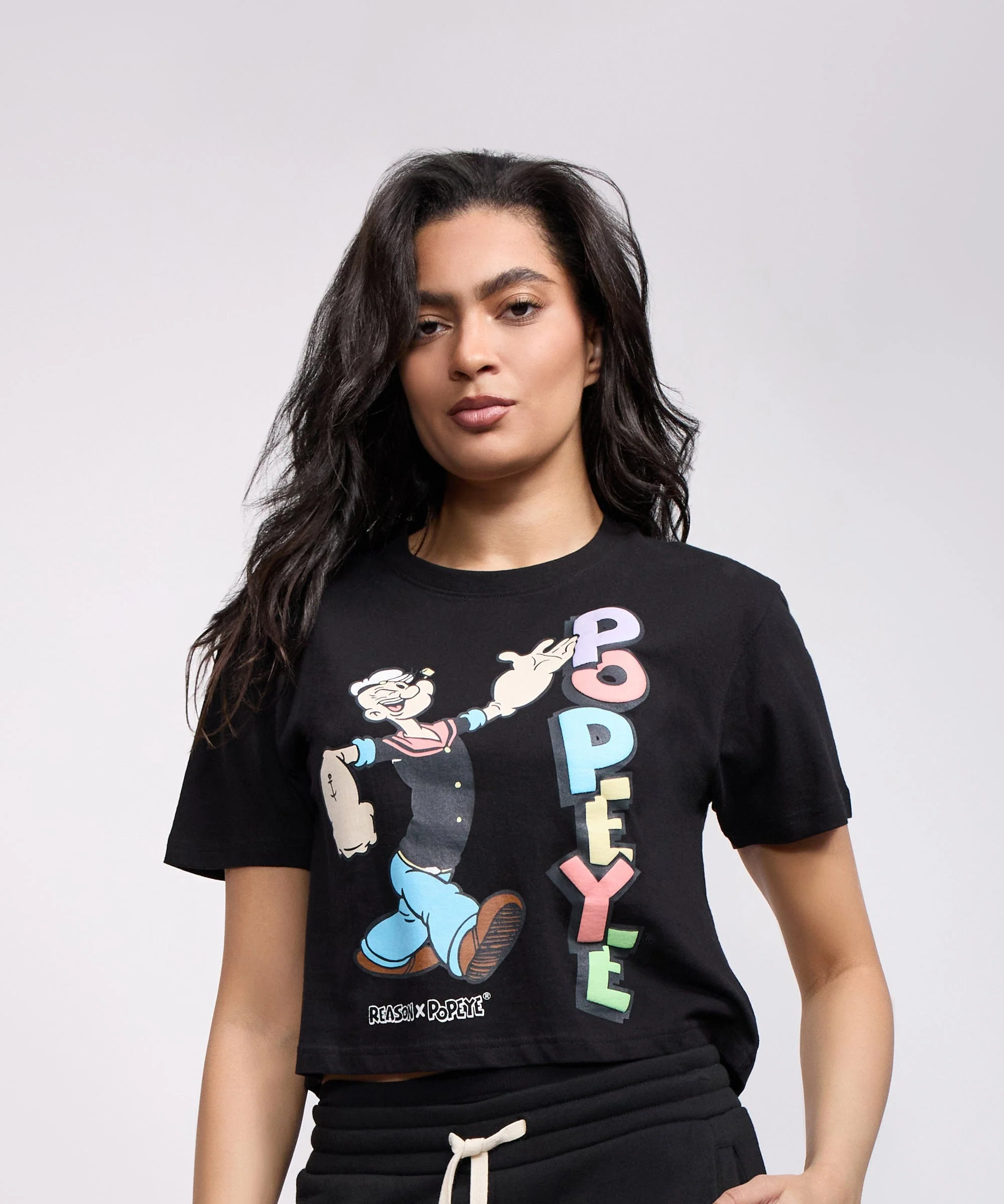 Womens Popeye Short Sleeve Cropped Tee - Black - Image 2
